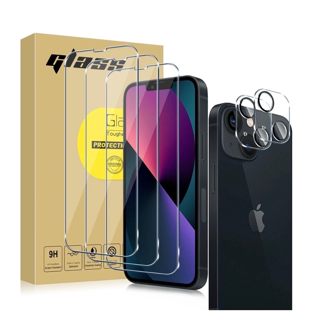 iPhone 13 Pro Max Screen Protector 3 Pack with 2 Camera Lens Protectors 9H Glass